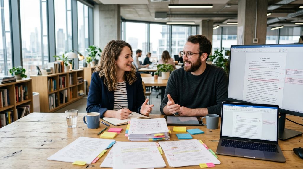 Author and professional editor reviewing a manuscript together in a modern publishing office.