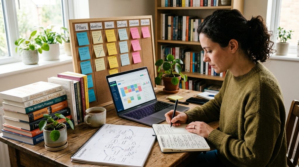 Author planning content strategy to build a consistent online presence