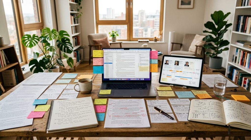Modern manuscript planning workspace showing story structure, chapter organization, and developmental editing.