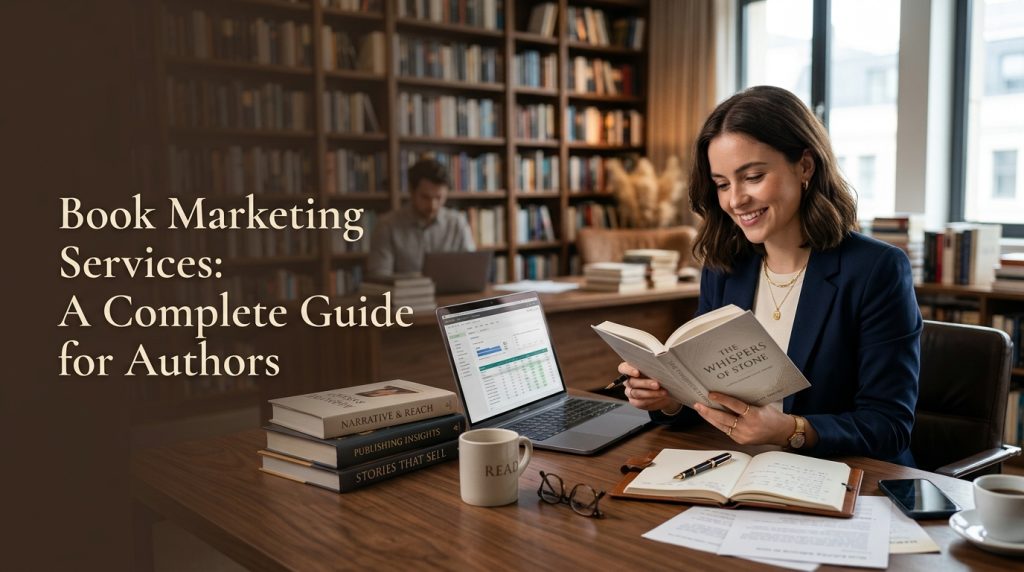 Author planning book marketing services strategy in a modern publishing office