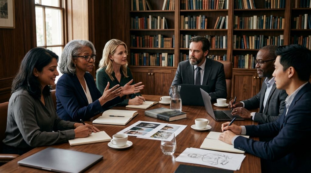 Publishing team discussing professional book marketing services for authors