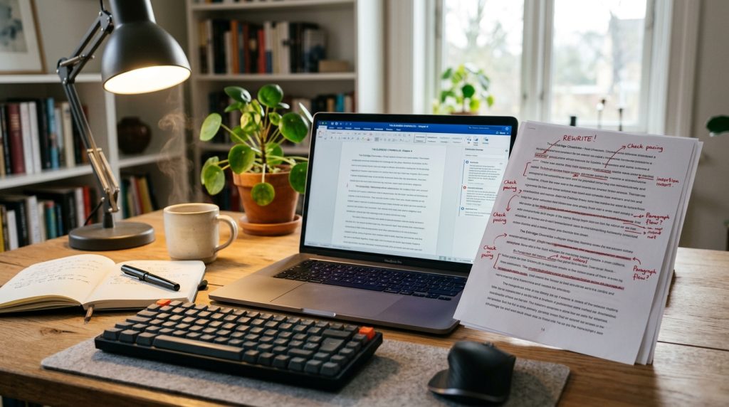Modern editing workspace showing manuscript revisions for clearer writing and improved readability.