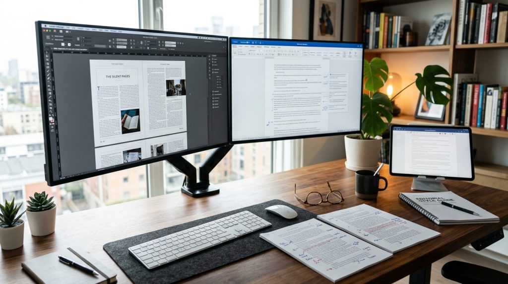 Professional proofreading setup reviewing the final book layout before publication.