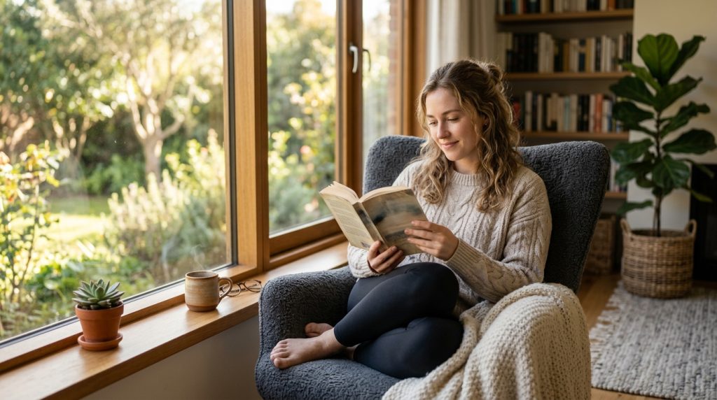 Reader enjoying a professionally edited book in a modern and comfortable reading space.