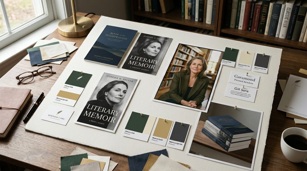 Author branding mood board with book covers and visual identity elements